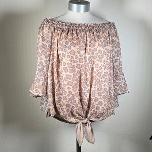 Express Leopard Print Off-Shoulder Tie-Front Blouse in size L